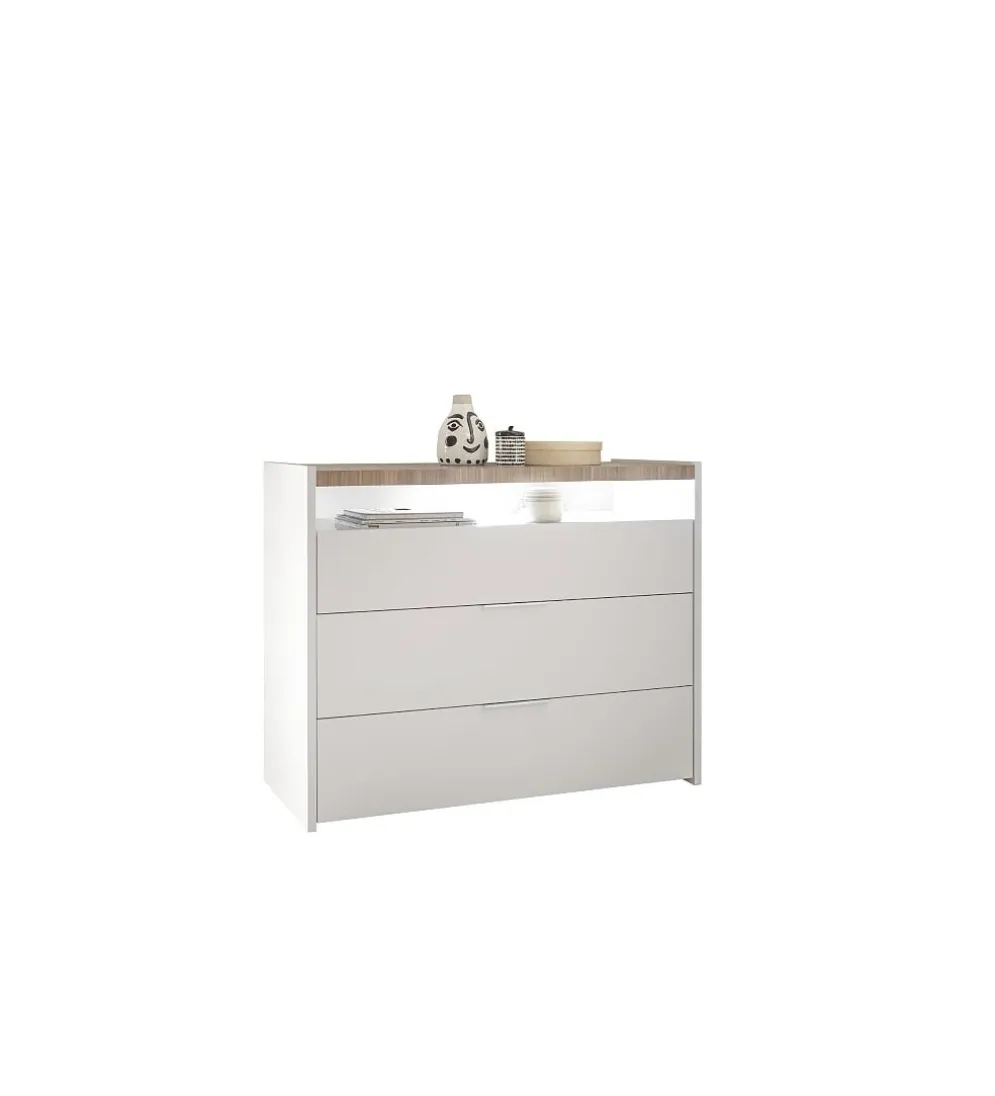 Komoda AMALTI 111 cm biała z dodatkiem koloru orzechowego