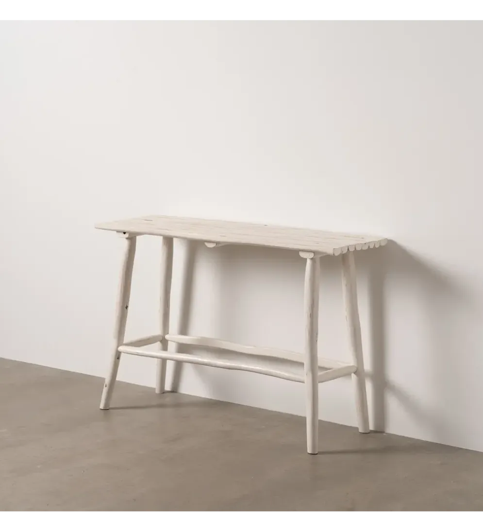 Konsola WORNYM 120 cm drewno teak biała przecierana