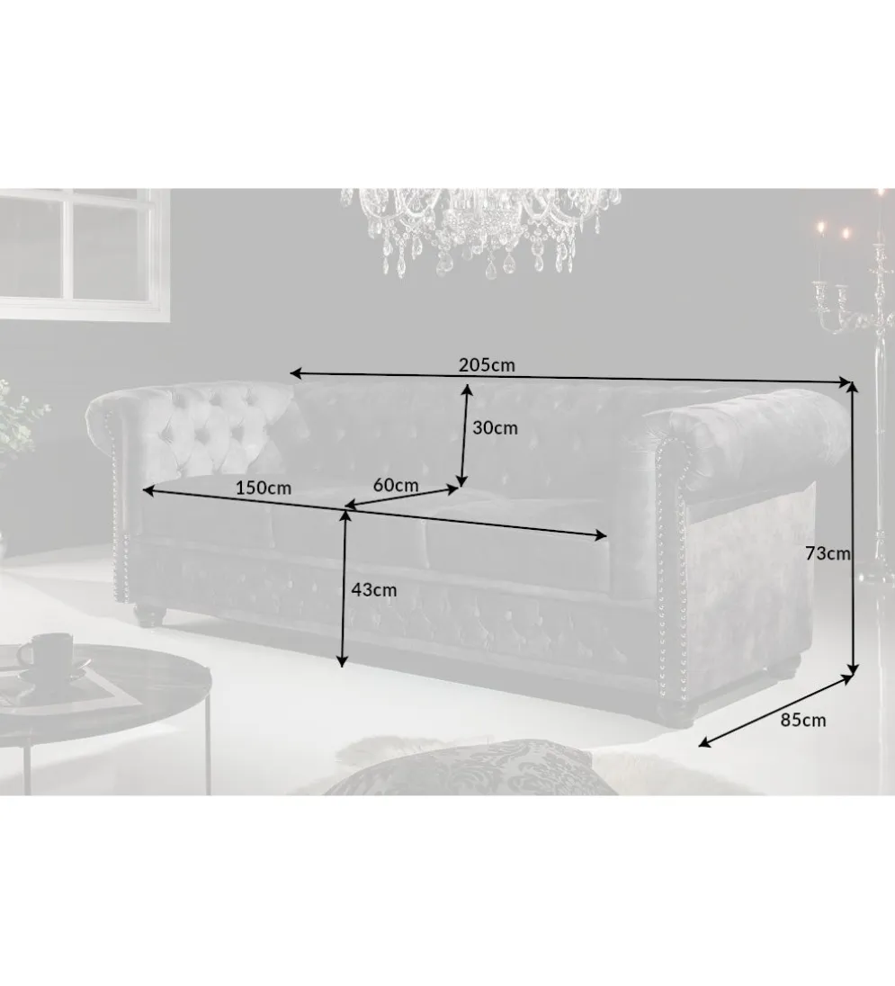 Sofa ARIELLE Chesterfield 205 Cm szary aksamit
