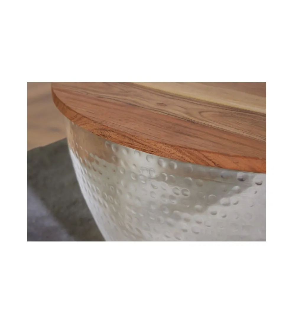 Stolik Kawowy Storage Orient 60 Cm srebrny Z Blatem drewna akacji
