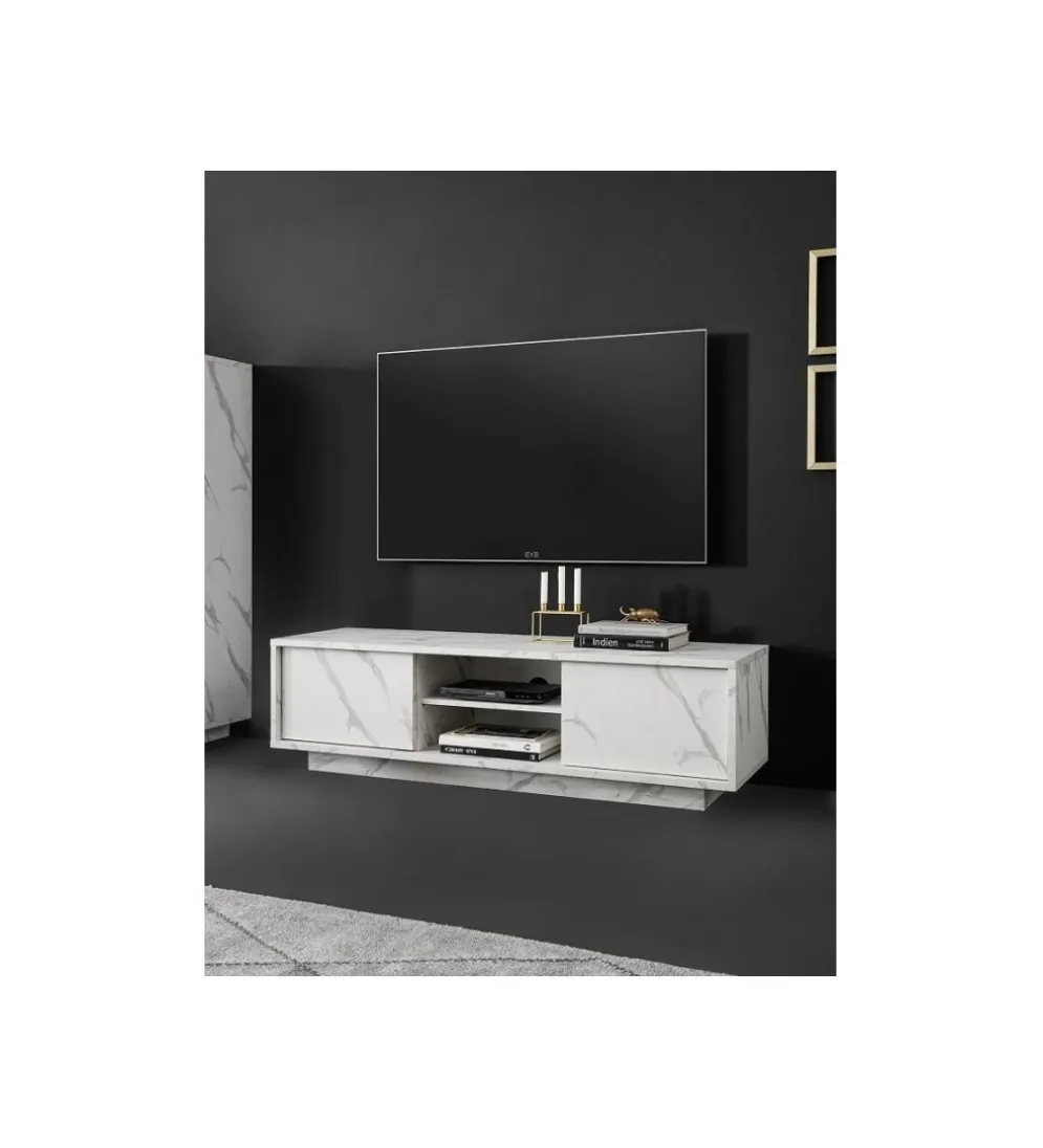 Stolik pod TV CARRARA 139 cm w optyce białego marmuru