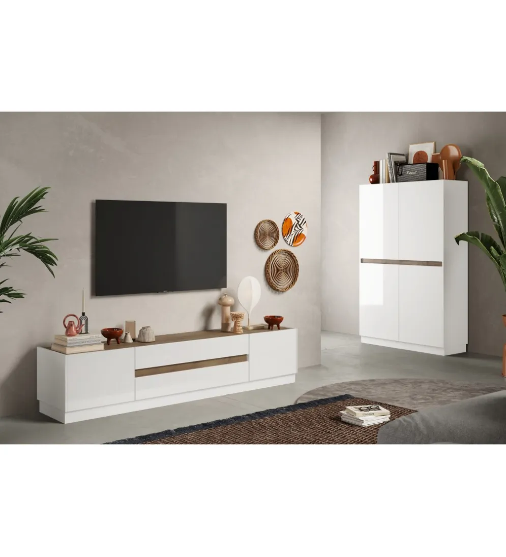 Stolik pod TV FANTASY 205 cm biały z dodatkiem koloru dąb Mercure