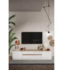 Stolik pod TV FANTASY 205 cm biały z dodatkiem koloru dąb Cadiz