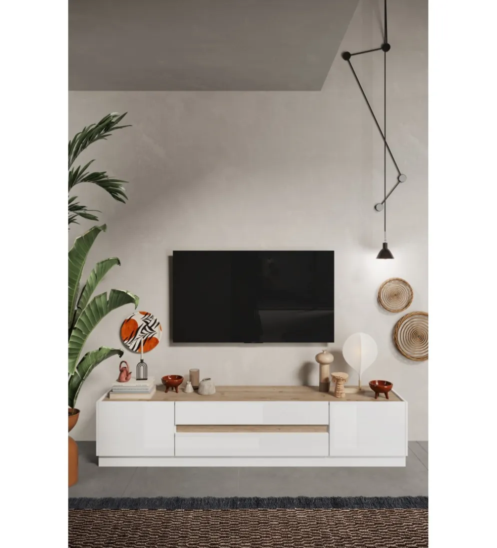 Stolik pod TV FANTASY 205 cm biały z dodatkiem koloru dąb Cadiz