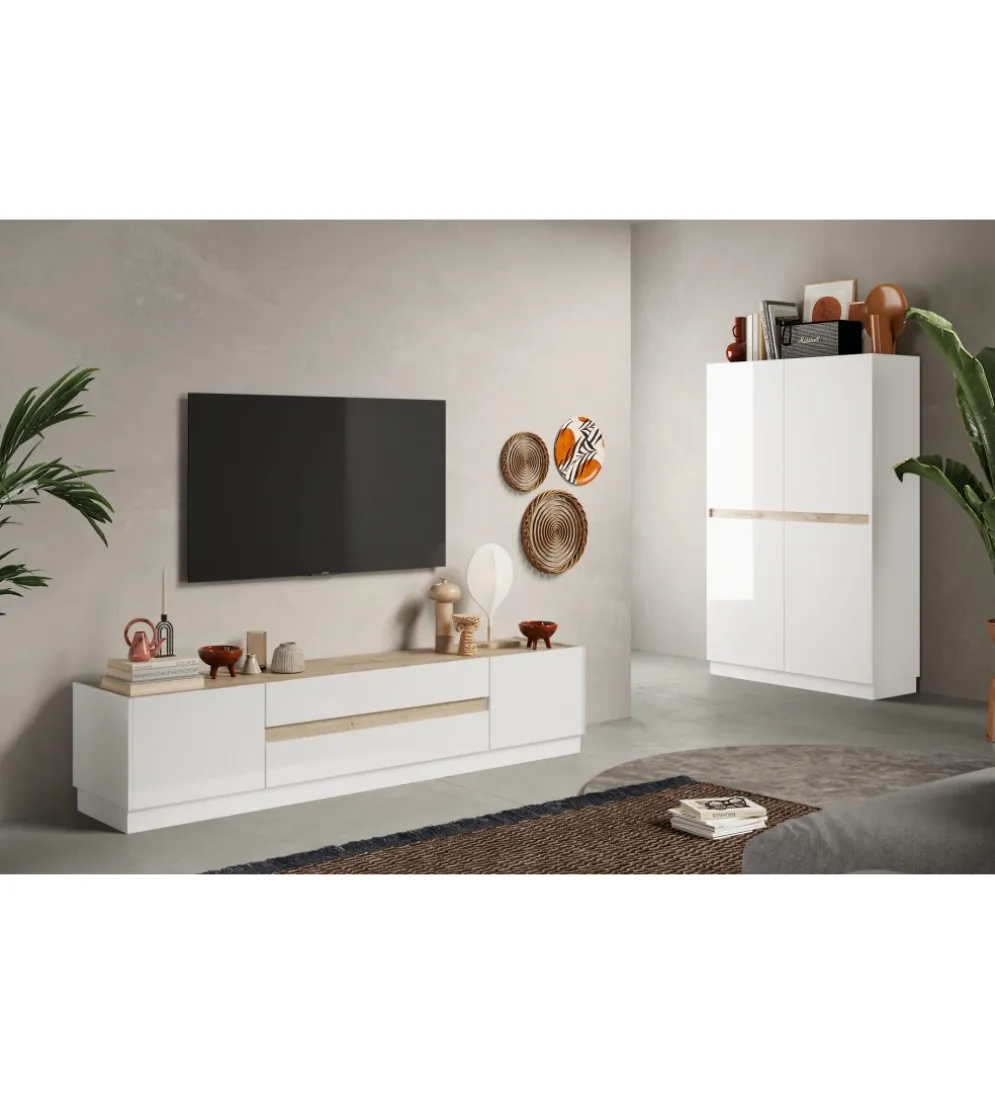 Stolik pod TV FANTASY 205 cm biały z dodatkiem koloru dąb Cadiz
