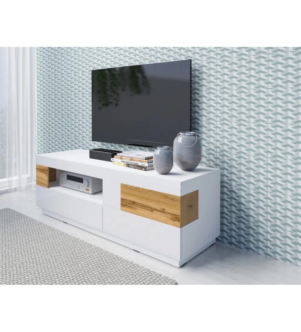 Stolik pod TV SILKE 160 cm biały z dodatkiem koloru Dąb Wotan