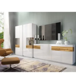 Stolik pod TV SILKE 206 cm biały z dodatkiem koloru dąb Wotan