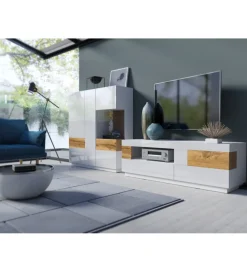 Stolik pod TV SILKE 206 cm biały z dodatkiem koloru dąb Wotan