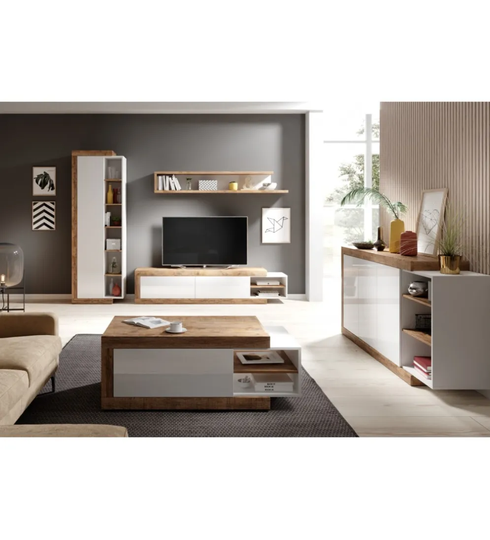 Stolik pod TV SINTRA 200 cm - 241 cm biały z dodatkiem koloru Dąb Samdal