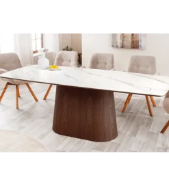 Stół UNIQUE 200 cm drewno orzechowe blat ceramika w optyce białego marmuru